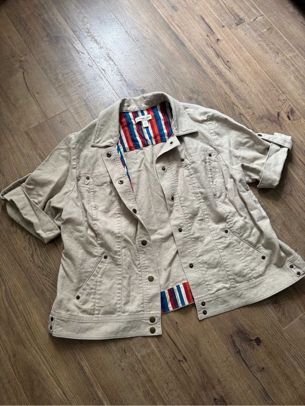 Coldwater Creek Beige Cotton Utility Jacket with Striped Lining